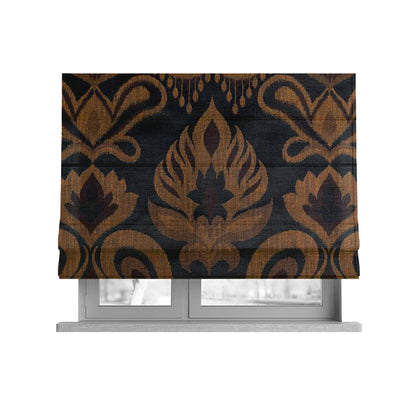 Menuett Floral Damask Pattern Upholstery Curtain Furnishing Fabric In Black Gold CTR-640 - Roman Blinds