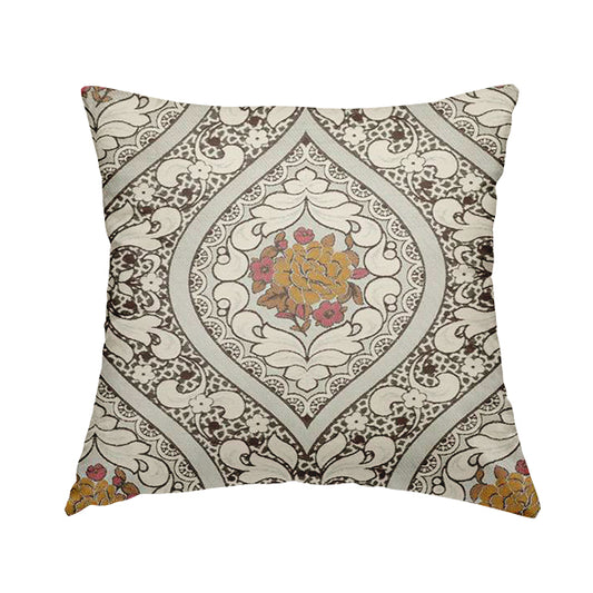 Lydia Floral Damask Soft Chenille Pattern Furnishing Fabric In Brown White Orange CTR-649 - Handmade Cushions