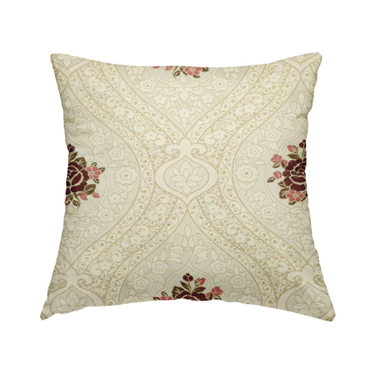 Lydia Floral Damask Soft Chenille Pattern Furnishing Fabric In Cream White Red CTR-651 - Handmade Cushions