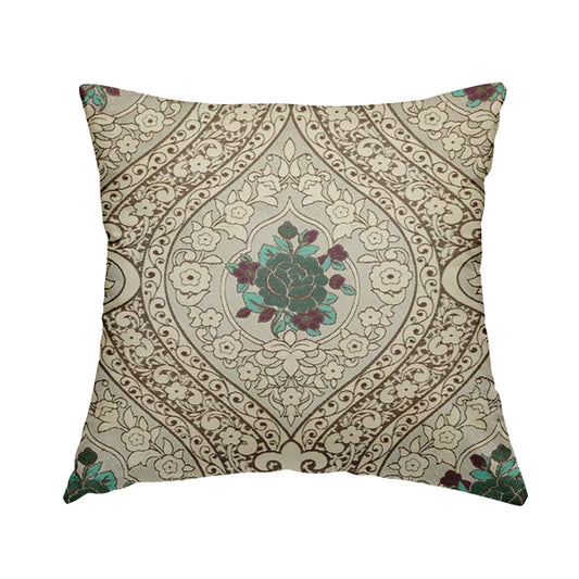 Lydia Floral Damask Soft Chenille Pattern Furnishing Fabric In Cream White Teal CTR-652 - Handmade Cushions