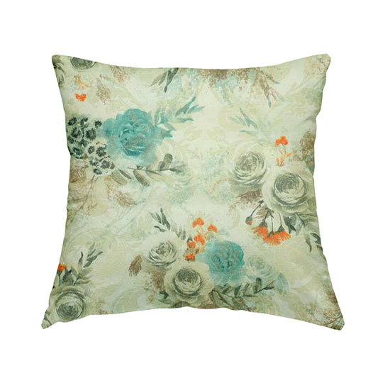 Fabienne Floral Colourful Printed Glitter Effect Velour Blue Upholstery Fabric CTR-666 - Handmade Cushions