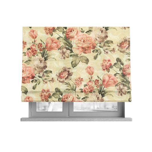 Fabienne Floral Colourful Printed Glitter Effect Velour Pink Upholstery Fabric CTR-668 - Roman Blinds