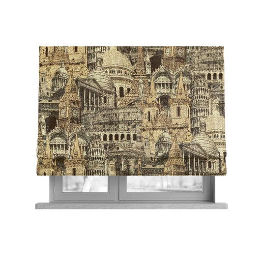 Bruges Modern London Skyline Tourist Landmarks Pattern Brown Chenille Upholstery Fabric CTR-670 - Roman Blinds