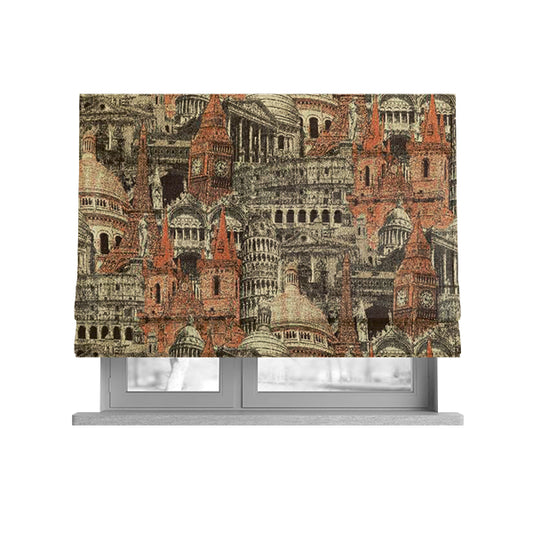 Bruges Modern London Skyline Tourist Landmarks Pattern Orange Chenille Upholstery Fabric CTR-672 - Roman Blinds