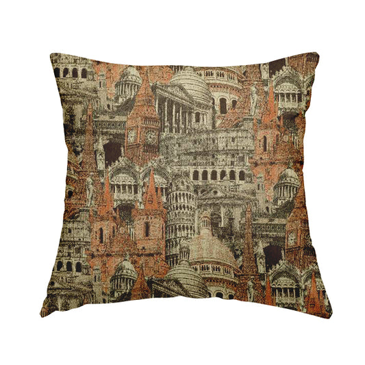Bruges Modern London Skyline Tourist Landmarks Pattern Orange Chenille Upholstery Fabric CTR-672 - Handmade Cushions
