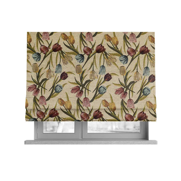 Bruges Life Colourful Tulip Floral Pattern Beige Green Blue Red Jacquard Upholstery Fabrics CTR-690 - Roman Blinds