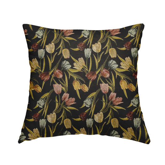 Bruges Life Colourful Tulip Floral Pattern Black Green Blue Red Jacquard Upholstery Fabrics CTR-691 - Handmade Cushions