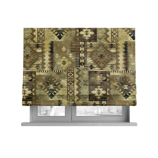 Bruges Modern Tapestry Kilim Aztec Patchwork Pattern Beige Chenille Upholstery Fabric CTR-696 - Roman Blinds