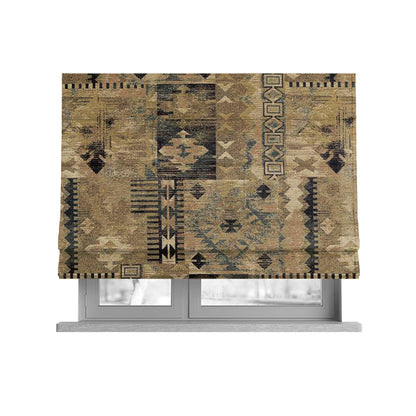 Bruges Modern Tapestry Kilim Aztec Patchwork Pattern Blue Beige Chenille Upholstery Fabric CTR-697 - Roman Blinds