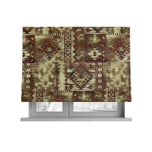 Bruges Modern Tapestry Kilim Aztec Patchwork Pattern Orange Chenille Upholstery Fabric CTR-698 - Roman Blinds