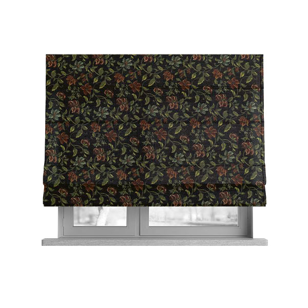 Bruges Life Red Green Blue Floral All Over Pattern Black Chenille Upholstery Fabric CTR-715 - Roman Blinds