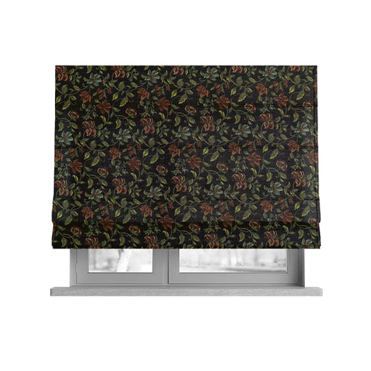 Bruges Life Red Green Blue Floral All Over Pattern Black Chenille Upholstery Fabric CTR-715 - Roman Blinds