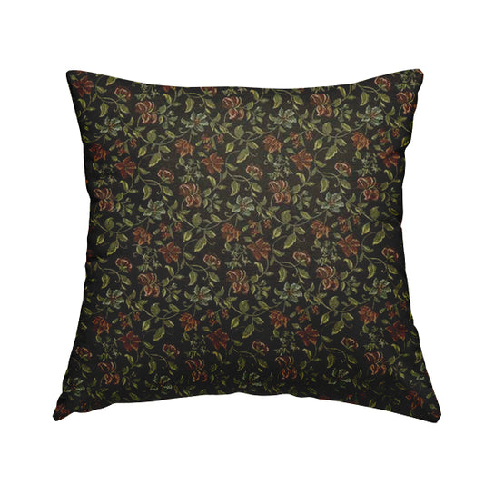 Bruges Life Red Green Blue Floral All Over Pattern Black Chenille Upholstery Fabric CTR-715 - Handmade Cushions