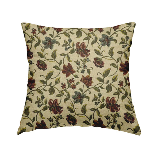 Bruges Life Red Green Blue Floral All Over Pattern White Chenille Upholstery Fabric CTR-716 - Handmade Cushions