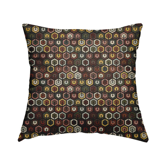 Bruges Modern Black Multi Coloured Full Hexagon Geometric Pattern Upholstery Fabrics CTR-730 - Handmade Cushions