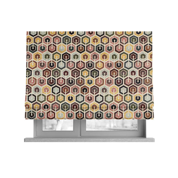 Bruges Modern White Multi Coloured Full Hexagon Geometric Pattern Jacquard Upholstery Fabrics CTR-733 - Roman Blinds