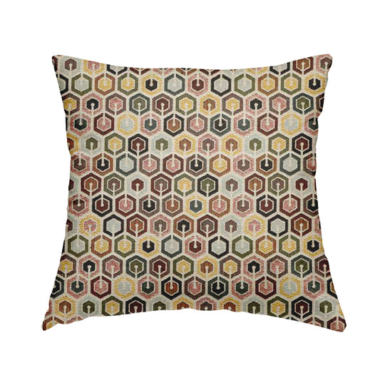 Bruges Modern White Multi Coloured Full Hexagon Geometric Pattern Jacquard Upholstery Fabrics CTR-733 - Handmade Cushions