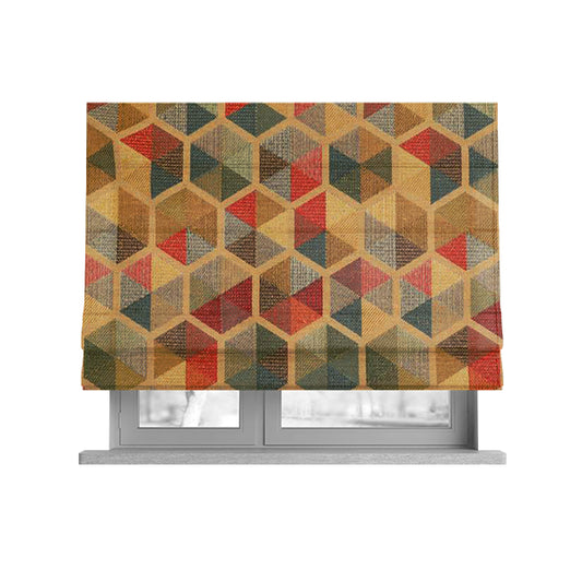 Arcadia Geometric Hexagon Pattern Yellow Multicolour Chenille Upholstery Fabric CTR-736 - Roman Blinds