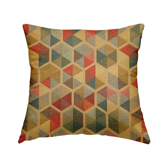 Arcadia Geometric Hexagon Pattern Yellow Multicolour Chenille Upholstery Fabric CTR-736 - Handmade Cushions