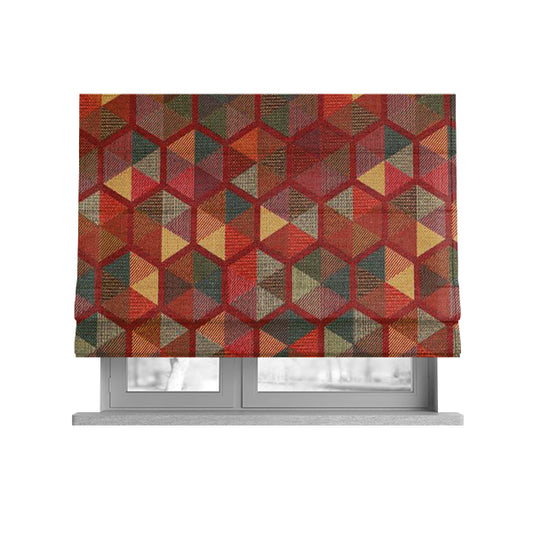 Arcadia Geometric Hexagon Pattern Red Multicolour Chenille Upholstery Fabric CTR-737 - Roman Blinds
