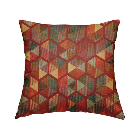 Arcadia Geometric Hexagon Pattern Red Multicolour Chenille Upholstery Fabric CTR-737 - Handmade Cushions