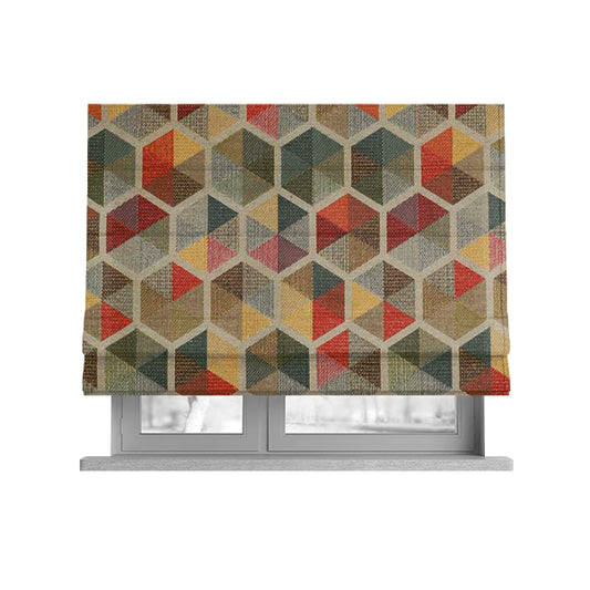 Arcadia Geometric Hexagon Pattern Silver Multicolour Chenille Upholstery Fabric CTR-738 - Roman Blinds