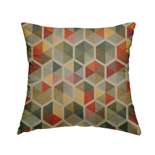 Arcadia Geometric Hexagon Pattern Silver Multicolour Chenille Upholstery Fabric CTR-738 - Handmade Cushions