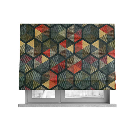 Arcadia Geometric Hexagon Pattern Green Multicolour Chenille Upholstery Fabric CTR-739 - Roman Blinds