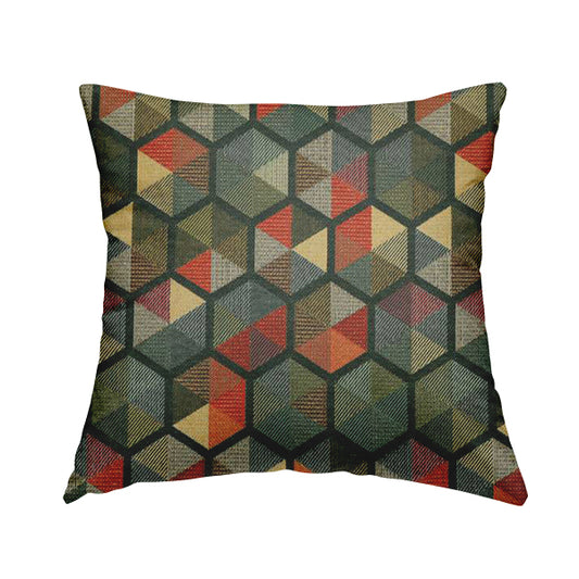 Arcadia Geometric Hexagon Pattern Green Multicolour Chenille Upholstery Fabric CTR-739 - Handmade Cushions
