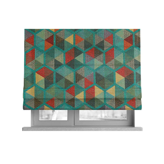 Arcadia Geometric Hexagon Pattern Teal Multicolour Chenille Upholstery Fabric CTR-740 - Roman Blinds