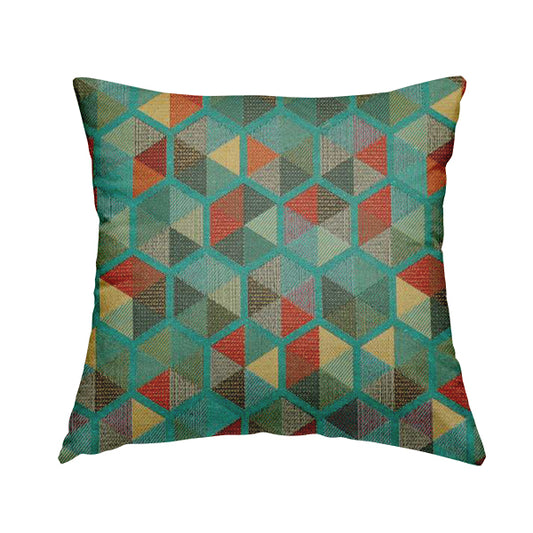 Arcadia Geometric Hexagon Pattern Teal Multicolour Chenille Upholstery Fabric CTR-740 - Handmade Cushions
