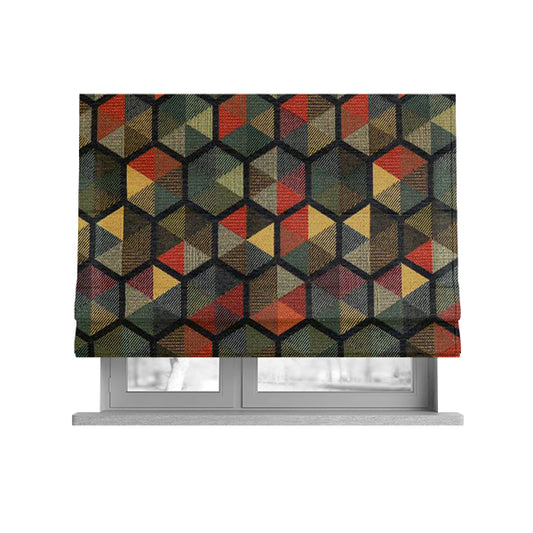 Arcadia Geometric Hexagon Pattern Black Multicolour Chenille Upholstery Fabric CTR-741 - Roman Blinds