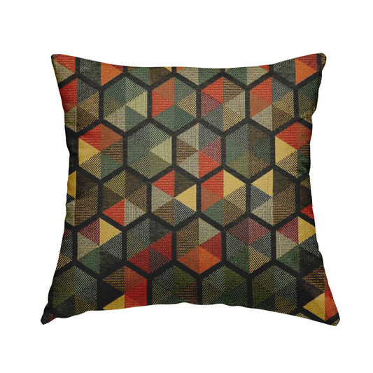 Arcadia Geometric Hexagon Pattern Black Multicolour Chenille Upholstery Fabric CTR-741 - Handmade Cushions