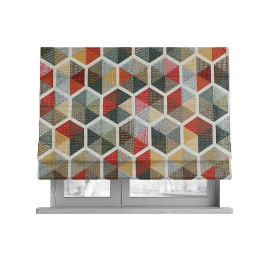 Arcadia Geometric Hexagon Pattern White Multicolour Chenille Upholstery Fabric CTR-742 - Roman Blinds