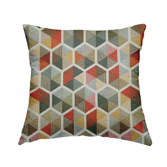Arcadia Geometric Hexagon Pattern White Multicolour Chenille Upholstery Fabric CTR-742 - Handmade Cushions