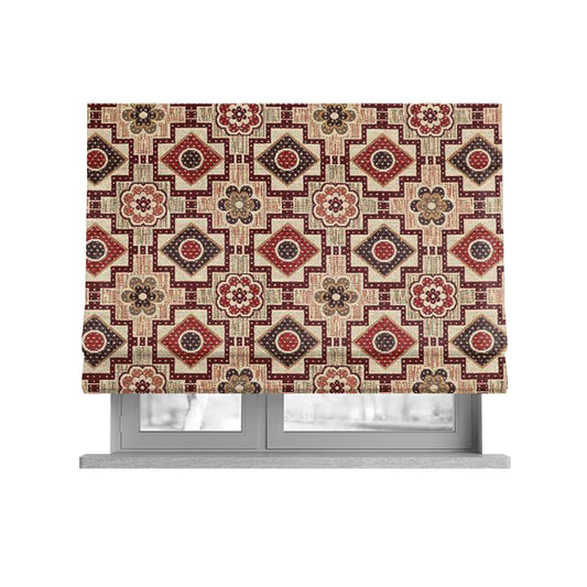 Acer Red Burgundy Colour Chenille Upholstery Fabric Geometric Floral Pattern CTR-743 - Roman Blinds