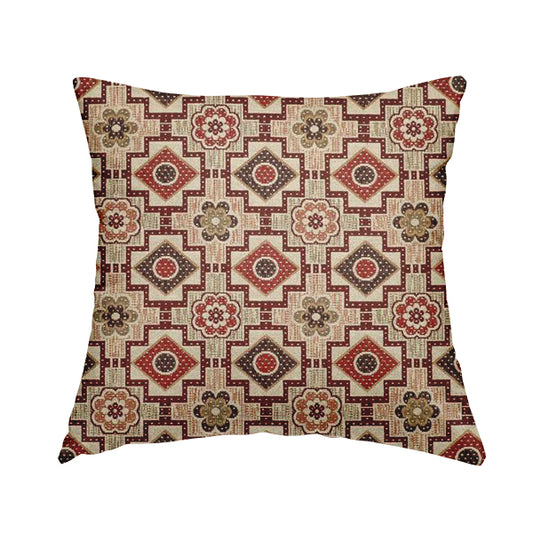 Acer Red Burgundy Colour Chenille Upholstery Fabric Geometric Floral Pattern CTR-743 - Handmade Cushions
