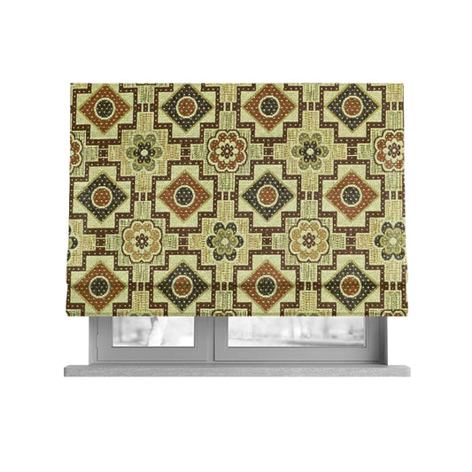 Acer Green Brown Colour Chenille Upholstery Fabric Geometric Floral Pattern CTR-745 - Roman Blinds