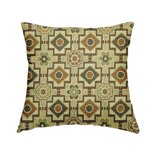 Acer Green Brown Colour Chenille Upholstery Fabric Geometric Floral Pattern CTR-745 - Handmade Cushions