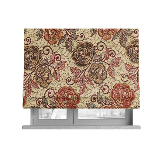 Acer Red Green Blue Colour Chenille Upholstery Fabric Rose Floral Pattern CTR-746 - Roman Blinds