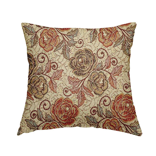 Acer Red Green Blue Colour Chenille Upholstery Fabric Rose Floral Pattern CTR-746 - Handmade Cushions