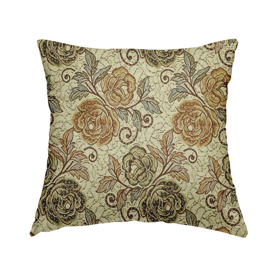 Acer Brown Green Colour Chenille Upholstery Fabric Rose Floral Pattern CTR-748 - Handmade Cushions
