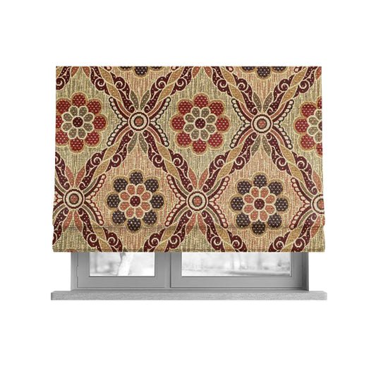 Acer Red Colour Chenille Upholstery Fabric Traditional Damask Pattern CTR-749 - Roman Blinds