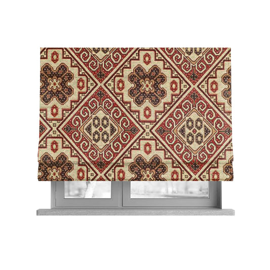 Acer Red Colour Chenille Upholstery Fabric Geometric Traditional Tile Pattern CTR-752 - Roman Blinds