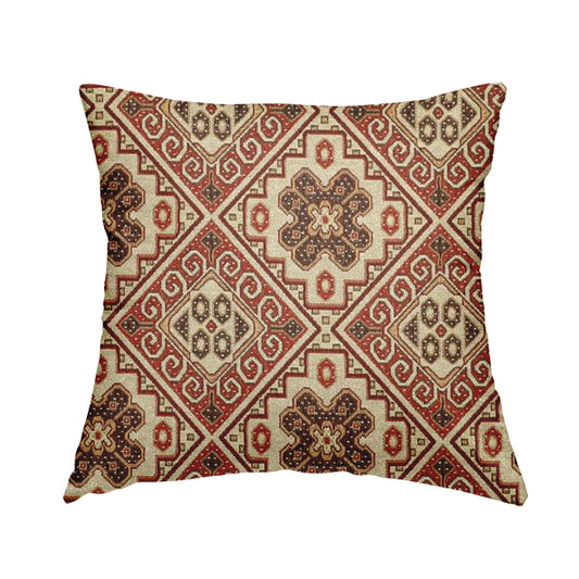 Acer Red Colour Chenille Upholstery Fabric Geometric Traditional Tile Pattern CTR-752 - Handmade Cushions