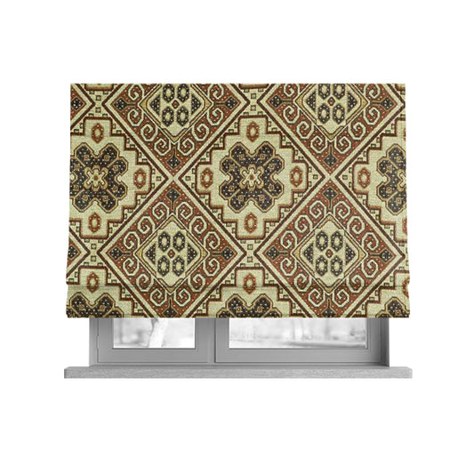 Acer Brown Colour Chenille Upholstery Fabric Geometric Traditional Tile Pattern CTR-754 - Roman Blinds