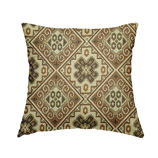 Acer Brown Colour Chenille Upholstery Fabric Geometric Traditional Tile Pattern CTR-754 - Handmade Cushions