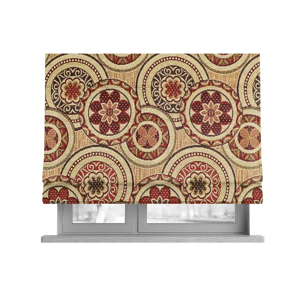 Acer Colourful Red Chenille Upholstery Fabric Circular Floral Modern Pattern CTR-760 - Roman Blinds