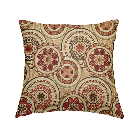 Acer Colourful Red Chenille Upholstery Fabric Circular Floral Modern Pattern CTR-760 - Handmade Cushions