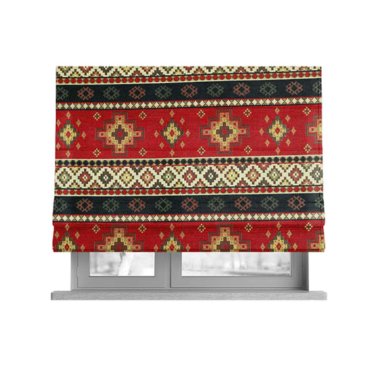 Persia Aztec Red Blue Chenille Upholstery Fabric Traditional Kilim Stripe Pattern CTR-761 - Roman Blinds